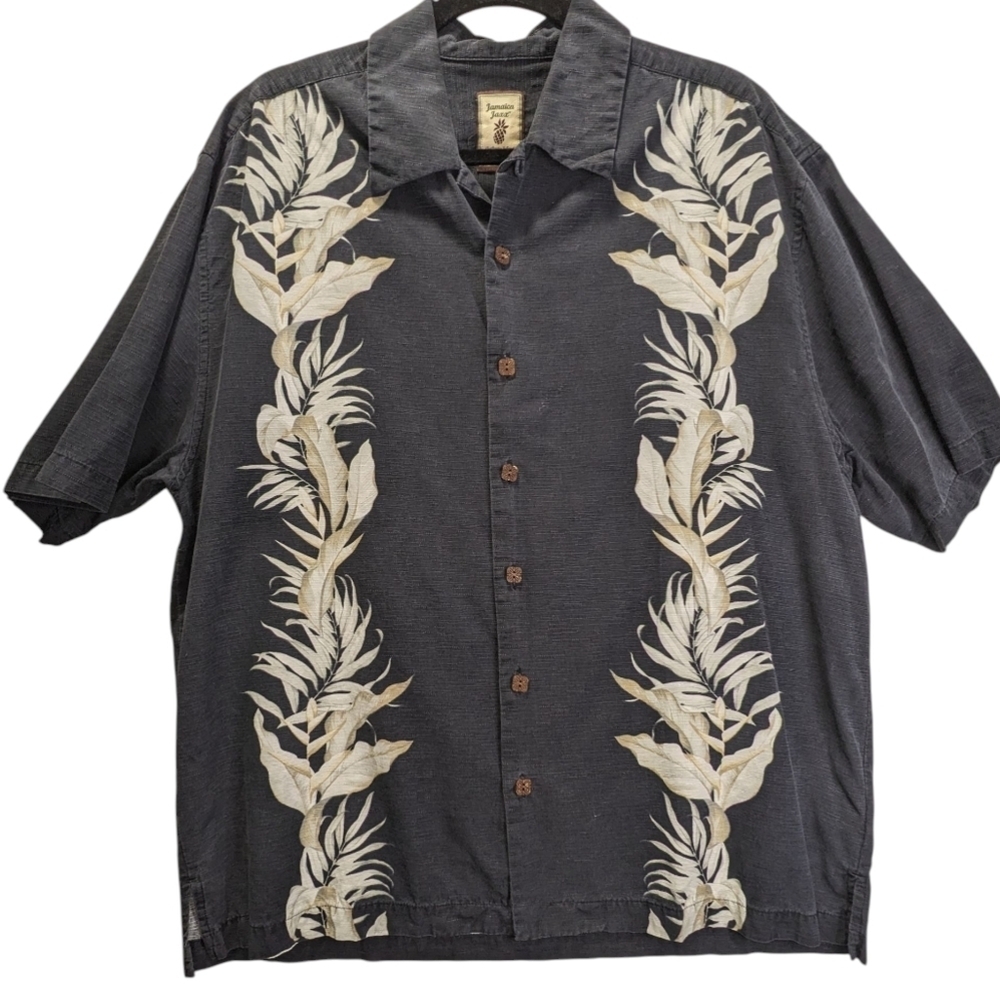 Jamaica Jaxx Authentic Island Style Black Shirt  Cream Leaf Design Silk Size L